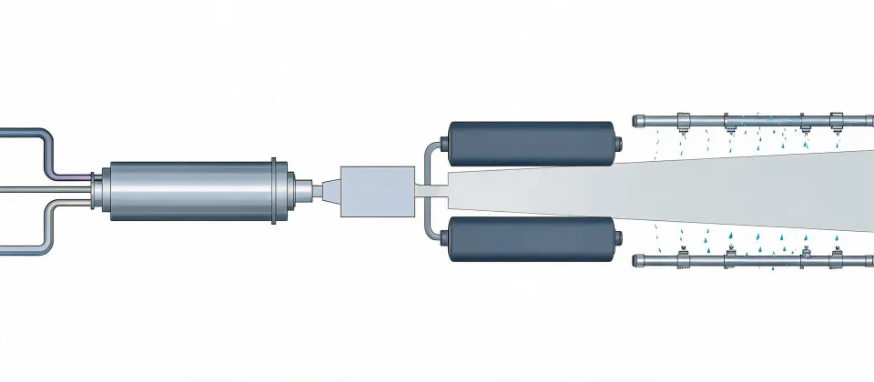Schematic of a sheet extrusion bay with die, roll stack, cooling water and three-phase feed