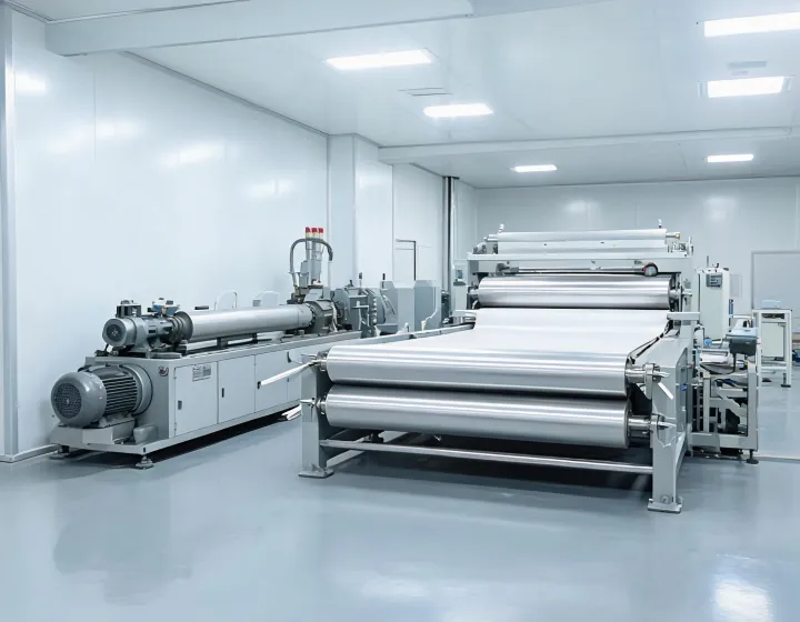 Sheet extrusion line with die, polishing roll stack and downstream trim in a plastics plant